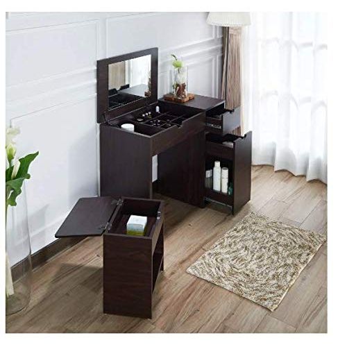  P&D Vany Vanities Vanity Table with Stool - Lift top Mirror - Multiple Hidden Storage Compartments for Makeup, Skin and Personal Care Products, Jewelry, Hair Products, Fragances - Two Drawers, One L