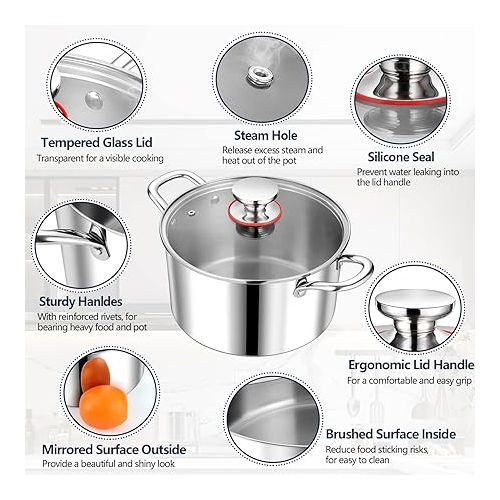  P&P CHEF 6 Quart Stock Cooking Pot, Tri-Ply Stainless Steel Stockpot with Lid for Induction Gas Electric Stoves, Transparent Cover & Double Riveted Handles, Heavy Duty & Dishwasher Safe