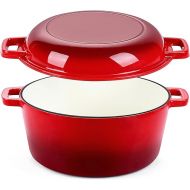 Red Enameled Dutch Oven Pot for Bread Baking, P&P CHEF 2 in 1 Round 5Qt Cast Iron Dutch Oven with Lid Set, Skillet & Pot for Roasting Braising Stewing Frying Simmering, Multi Stoves & Oven Safe