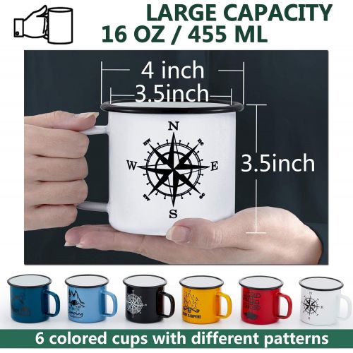  P&P CHEF 16 Oz Enamel Mug Coffee Cup Set of 6, Camping Enamel Mug with Patterns & Handle for Tea Soup Milk, Gift for Camp Home Office, Lightweight & Durable