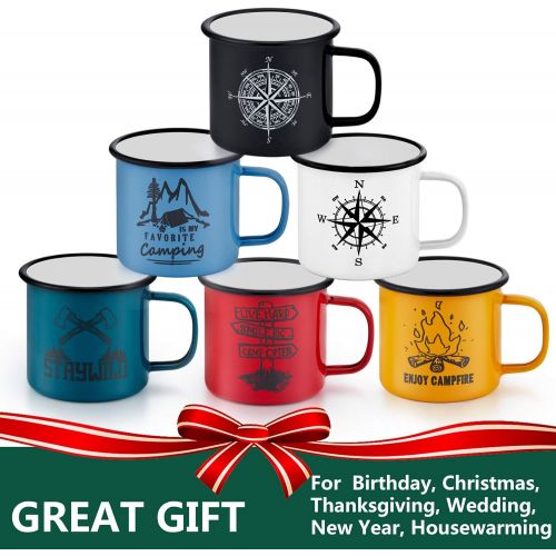  P&P CHEF 16 Oz Enamel Mug Coffee Cup Set of 6, Camping Enamel Mug with Patterns & Handle for Tea Soup Milk, Gift for Camp Home Office, Lightweight & Durable