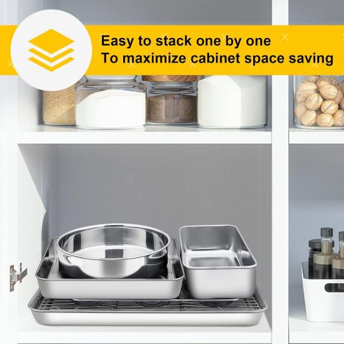  P&P CHEF Baking Pans Bakeware Set of 6, Stainless Steel Bakeware Sets Include Baking Sheet with Rack, Round / Square Cake Pan, Loaf Pan & Muffin Pans, Oven & Dishwasher Safe