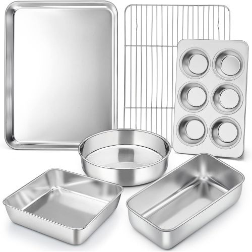  P&P CHEF Baking Pans Bakeware Set of 6, Stainless Steel Bakeware Sets Include Baking Sheet with Rack, Round / Square Cake Pan, Loaf Pan & Muffin Pans, Oven & Dishwasher Safe