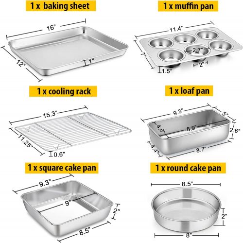  P&P CHEF Baking Pans Bakeware Set of 6, Stainless Steel Bakeware Sets Include Baking Sheet with Rack, Round / Square Cake Pan, Loaf Pan & Muffin Pans, Oven & Dishwasher Safe