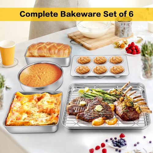  P&P CHEF Baking Pans Bakeware Set of 6, Stainless Steel Bakeware Sets Include Baking Sheet with Rack, Round / Square Cake Pan, Loaf Pan & Muffin Pans, Oven & Dishwasher Safe