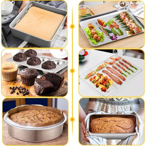  P&P CHEF Baking Pans Bakeware Set of 6, Stainless Steel Bakeware Sets Include Baking Sheet with Rack, Round / Square Cake Pan, Loaf Pan & Muffin Pans, Oven & Dishwasher Safe