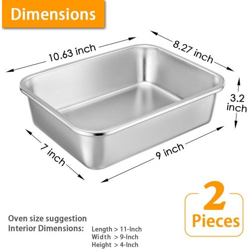  10.7-inch Deep Dish Lasagna Pan Set, P&P CHEF 2-Pcs Stainless Steel Rectangular Casserole Pans, Oblong Metal Bakeware for Roasting, Baking, Cooking, Non-toxic & Healthy, Brushed Su