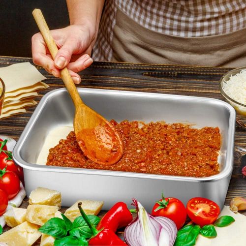  10.7-inch Deep Dish Lasagna Pan Set, P&P CHEF 2-Pcs Stainless Steel Rectangular Casserole Pans, Oblong Metal Bakeware for Roasting, Baking, Cooking, Non-toxic & Healthy, Brushed Su