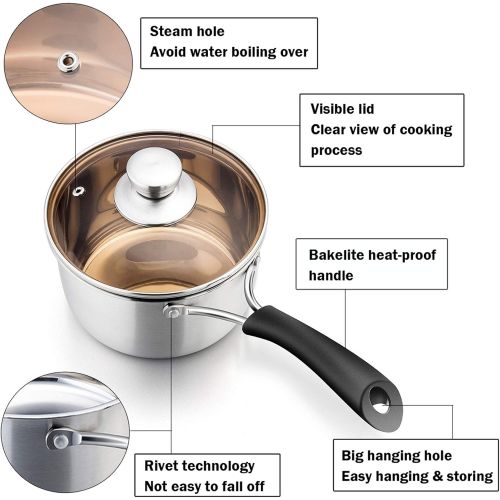  P&P CHEF 1 Quart Saucepan, Stainless Steel Saucepan with Lid, Small Sauce for Home Kitchen Restaurant Cooking, Easy Clean and Dishwasher Safe
