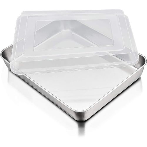  [아마존베스트]P&P CHEF Baking Pan with Airtight Lid, Stainless Steel Lasagna Cake Pan and Plastic Lid, 12.3 Inch Rectangular Bakeware for Baking Reheating Roasting Storing, Heavy Duty & Dishwash