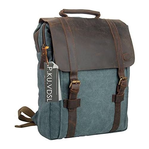  Canvas Backpack, P.KU.VDSL 15 Laptop Backpack Vintage Canvas Leather Rucksack Travel Bag Daypacks Men Outdoor Sports Recreation (Blue-20)