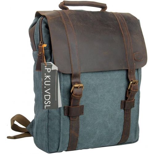  Canvas Backpack, P.KU.VDSL 15 Laptop Backpack Vintage Canvas Leather Rucksack Travel Bag Daypacks Men Outdoor Sports Recreation (Blue-20)