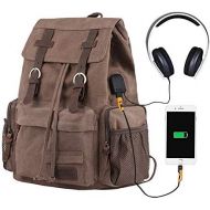 P.KU.VDSL Leather Backpack for Men, Vintage Canvas Backpack 25L with USB Charging Port for Women Travel Hiking, Fit 17’’ Laptop (Coffee-Large-USB)