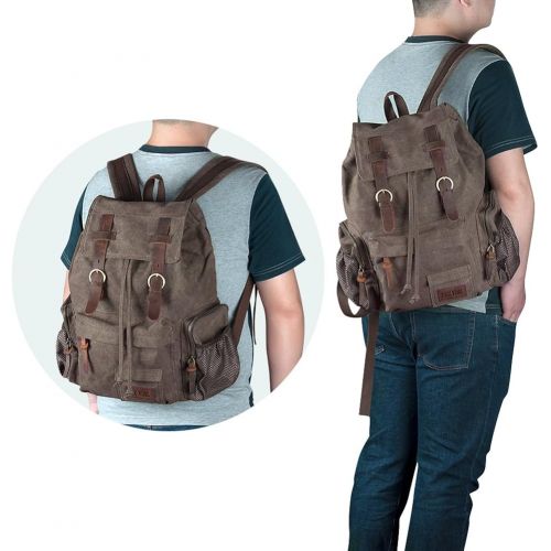  P.KU.VDSL Leather Backpack for Men, Vintage Canvas Backpack 25L with USB Charging Port for Women Travel Hiking, Fit 17’’ Laptop (Coffee-Large-USB)