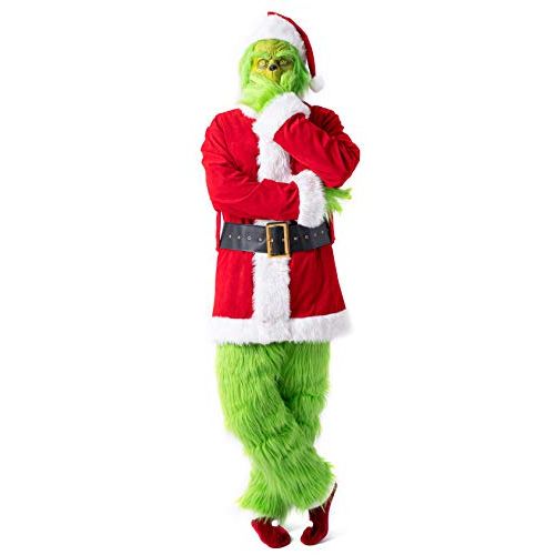  할로윈 용품PAFIGA Green Big Monster Costume for Men 7pcs Christmas Deluxe Furry Adult Santa Suit Green Outfit