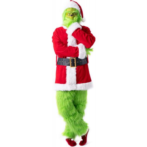  할로윈 용품PAFIGA Green Big Monster Costume for Men 7pcs Christmas Deluxe Furry Adult Santa Suit Green Outfit