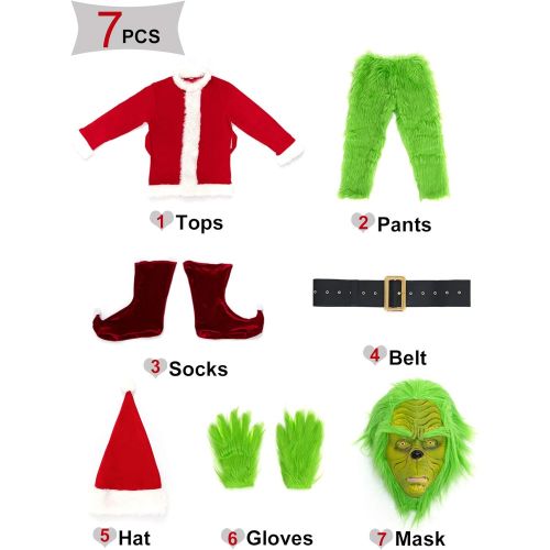  할로윈 용품PAFIGA Green Big Monster Costume for Men 7pcs Christmas Deluxe Furry Adult Santa Suit Green Outfit