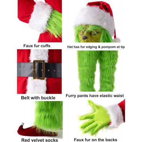  할로윈 용품PAFIGA Green Big Monster Costume for Men 7pcs Christmas Deluxe Furry Adult Santa Suit Green Outfit