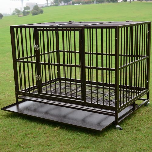  PANEY Large Heavy Duty Rolling Dog Cage Crate Kennel Metal Pet Playpen w/Wheels Double Door