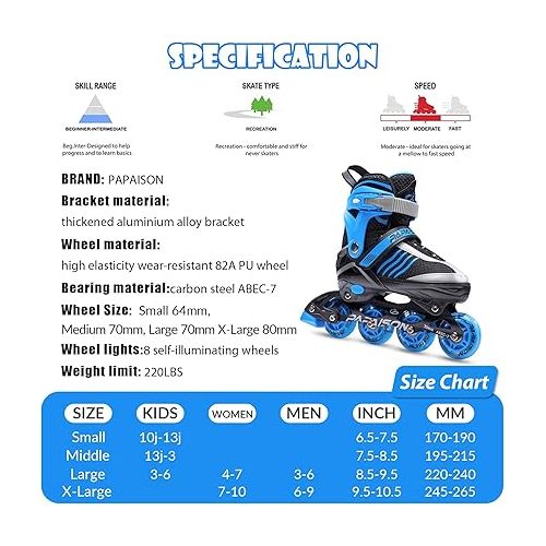  PAPAISON Adjustable Inline Skates Boys Ages 4-12, Roller Skates for Girls Kids with Full Light Up Wheels, Outdoor Skates Illuminating Skates for Children Teens Women