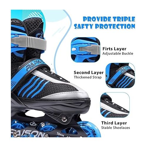  PAPAISON Adjustable Inline Skates Boys Ages 4-12, Roller Skates for Girls Kids with Full Light Up Wheels, Outdoor Skates Illuminating Skates for Children Teens Women