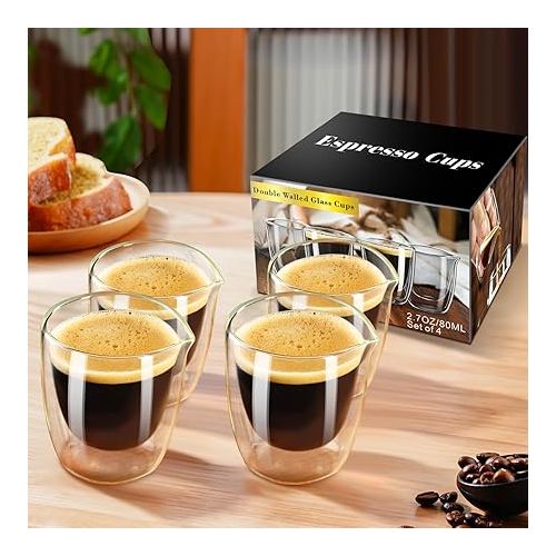  PARACITY Espresso Cups Set of 4, Double Walled Espresso Shot Glass with Spout, High Borosilicate Glass Expresso Coffee Cup, Expresso Shots Cup, Clear Glass Espresso Accessories 2.7 OZ