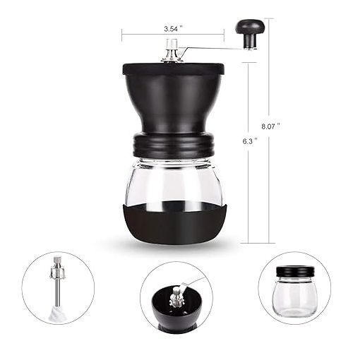  PARACITY Manual Coffee Bean Grinder with Ceramic Burr, Hand Coffee Grinder Mill Small with 2 Glass Jars(11OZ per Jar) Stainless Steel Handle for Drip Coffee, Espresso, French Press, Turkish Brew