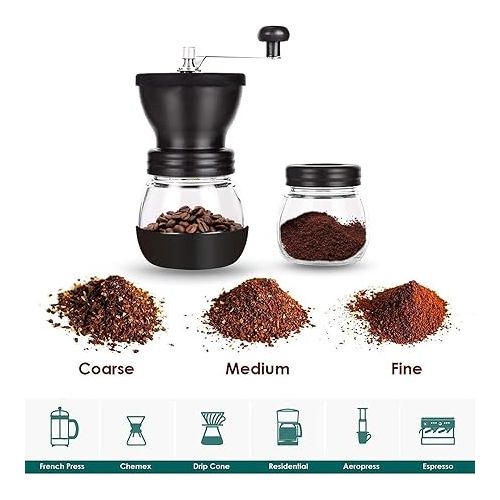  PARACITY Manual Coffee Bean Grinder with Ceramic Burr, Hand Coffee Grinder Mill Small with 2 Glass Jars(11OZ per Jar) Stainless Steel Handle for Drip Coffee, Espresso, French Press, Turkish Brew