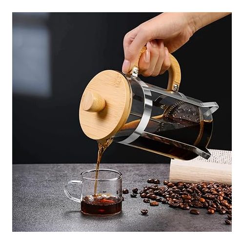  PARACITY French Press Coffee Maker, Mini Coffee Press with Bamboo Handle, French Press of 18/8 Stainless Steel Filter and Heat Resistant Glass, 12OZ Portable Coffee Maker for Travel& Home