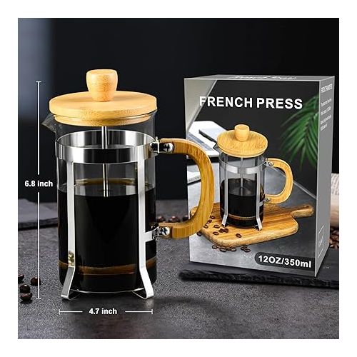  PARACITY French Press Coffee Maker, Mini Coffee Press with Bamboo Handle, French Press of 18/8 Stainless Steel Filter and Heat Resistant Glass, 12OZ Portable Coffee Maker for Travel& Home