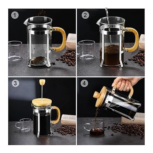  PARACITY French Press Coffee Maker, Mini Coffee Press with Bamboo Handle, French Press of 18/8 Stainless Steel Filter and Heat Resistant Glass, 12OZ Portable Coffee Maker for Travel& Home