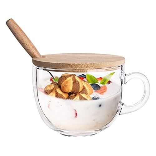  [아마존베스트]PARACITY Glass Cup 15OZ Clear Coffee Mug with Lids Spoon for Breakfast Tea,Milk,Beverage,Oats,yoghurt