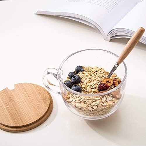  [아마존베스트]PARACITY Glass Cup 15OZ Clear Coffee Mug with Lids Spoon for Breakfast Tea,Milk,Beverage,Oats,yoghurt