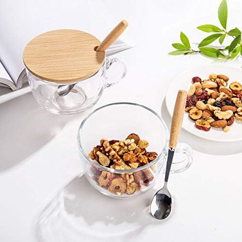  [아마존베스트]PARACITY Glass Cup 15OZ Clear Coffee Mug with Lids Spoon for Breakfast Tea,Milk,Beverage,Oats,yoghurt