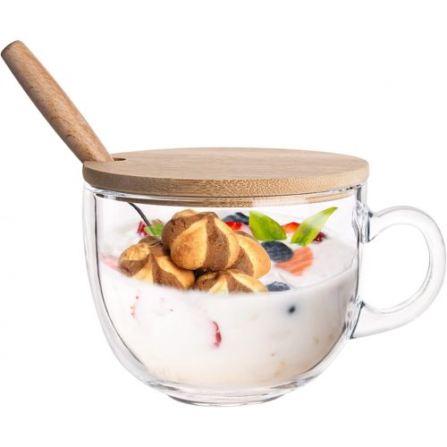  [아마존베스트]PARACITY Glass Cup 15OZ Clear Coffee Mug with Lids Spoon for Breakfast Tea,Milk,Beverage,Oats,yoghurt