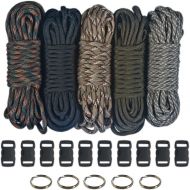 [아마존베스트]PARACORD PLANET Paracord 550 Kit - Five Colors (Olive Drab, ACU, Woodland Camo, Desert Camo, & Black) 100 Feet Total w/10 3/8 Black Side Release Buckles & (5) 32mm Key Rings