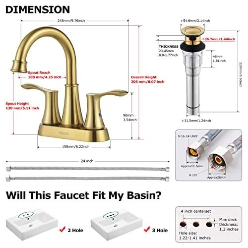  PARLOS 2-Handle Bathroom Faucet Brushed Gold with Pop-up Drain & Supply Lines, Demeter 1362708