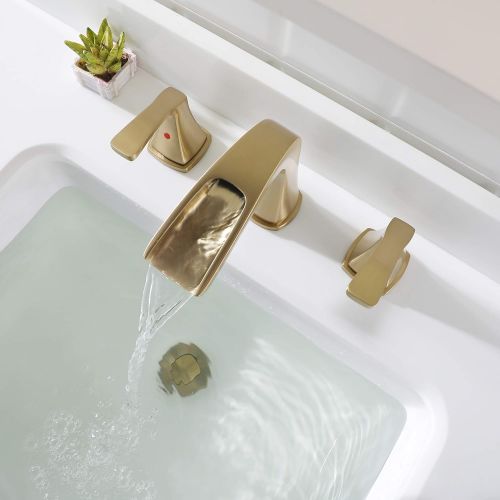  PARLOS Waterfall Widespread Bathroom Sink Faucet 2 Handles with Metal Pop Up Drain & cUPC Faucet Supply Lines, Brushed Gold, Doris 1407008