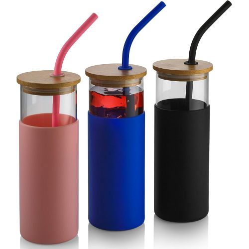  [아마존베스트]PARNOO 3 Pack 18oz Glass Tumblers with Lids and Straws  Pink/Blue/Black Glass Travel Cups with Silicone Straw, Silicone Protective Sleeve, Bamboo Lid, Brush