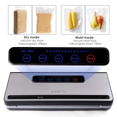  [아마존 핫딜]  [아마존핫딜]PARTU Vakuumiergerat - Automatischer Vakuumierer mit Starter Kit | Trockene und Feuchte Lebensmittel Modi | Eingebauter Cutter | LED Anzeiger | Mit Schutzfolie auf Oberflache