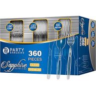 Party Bargains Disposable Cutlery set, SAPPHIRE Design, Clear Color, 360 Pieces: 180 Forks, 120 Spoons, 60 Knives