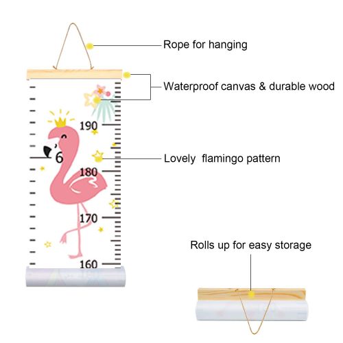  PASHOP Kids Flamingo Growth Chart Baby Roll-up Wood Frame Canvas Fabric Removable Height Growth Chart Wall Art Hanging Ruler Wall Decor for Nursery Bedroom 79 x 7.9 Inch (Flamingo)