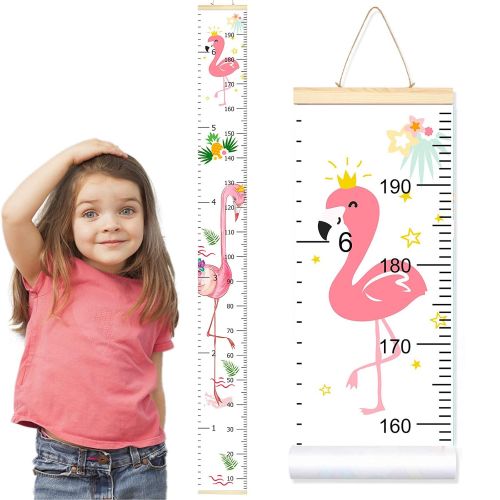  PASHOP Kids Flamingo Growth Chart Baby Roll-up Wood Frame Canvas Fabric Removable Height Growth Chart Wall Art Hanging Ruler Wall Decor for Nursery Bedroom 79 x 7.9 Inch (Flamingo)