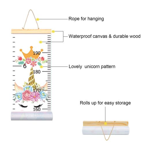  PASHOP Kids Unicorn Growth Chart Baby Roll-up Wood Frame Canvas Fabric Removable Height Growth Chart Wall Art Hanging Ruler Wall Decor for Nursery Bedroom 79 x 7.9 Inch (Unicorn Wh