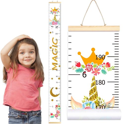  PASHOP Kids Unicorn Growth Chart Baby Roll-up Wood Frame Canvas Fabric Removable Height Growth Chart Wall Art Hanging Ruler Wall Decor for Nursery Bedroom 79 x 7.9 Inch (Unicorn Wh