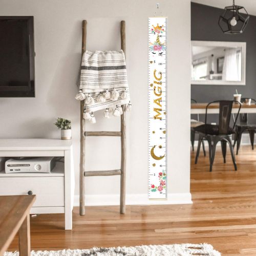  PASHOP Kids Unicorn Growth Chart Baby Roll-up Wood Frame Canvas Fabric Removable Height Growth Chart Wall Art Hanging Ruler Wall Decor for Nursery Bedroom 79 x 7.9 Inch (Unicorn Wh