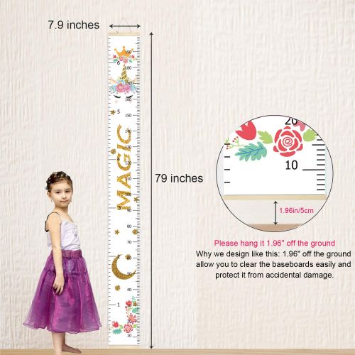  PASHOP Kids Unicorn Growth Chart Baby Roll-up Wood Frame Canvas Fabric Removable Height Growth Chart Wall Art Hanging Ruler Wall Decor for Nursery Bedroom 79 x 7.9 Inch (Unicorn Wh