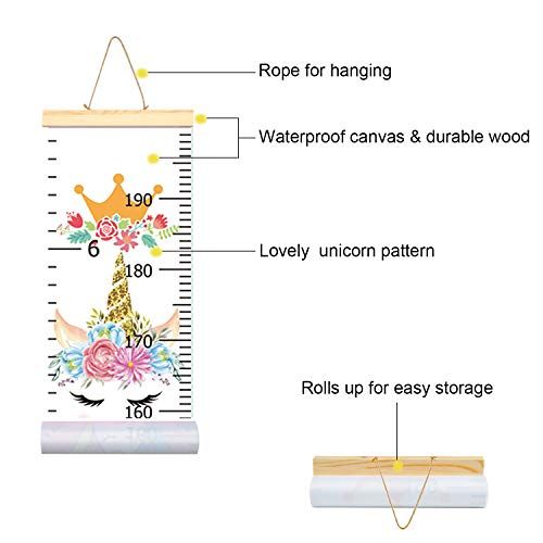  PASHOP Kids Unicorn Growth Chart Baby Roll-up Wood Frame Canvas Fabric Removable Height Growth Chart Wall Art Hanging Ruler Wall Decor for Nursery Bedroom 79 x 7.9 Inch (Unicorn Wh