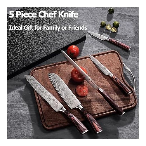  PAUDIN Kitchen Knife Set, Ultra Sharp Knife Set with Pakkawood Handle, High Carbon Stainless Steel Knives Set for Kitchen, 5 Piece Chef Knife Set Come with Gift Box