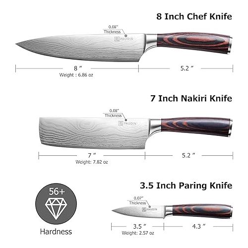  PAUDIN Kitchen Knife Set, 3 Piece High Carbon Stainless Steel Professional Chef Knife Set with Ultra Sharp Blade & Wooden Handle (Kitchen Knife Set 3 Pcs)